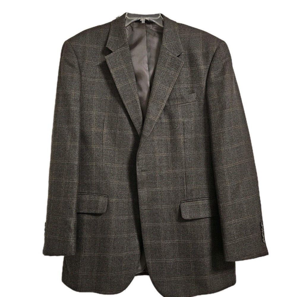 Jos. A. Bank Blazer Mens 44L Brown Wool Windowpane Plaid Sport Coat Two Button